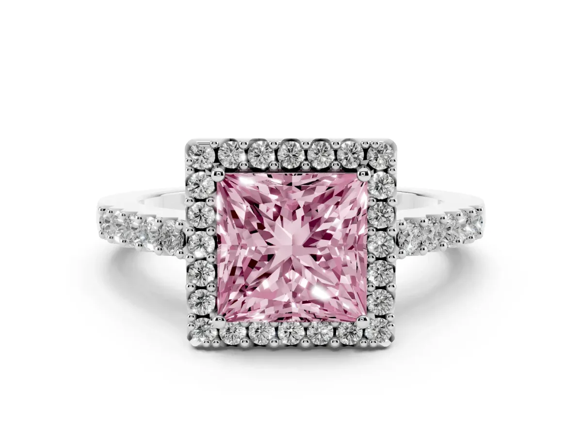 Fancy Pink Princess Cut Halo Diamond Pavé Solitaire Ring Platinum