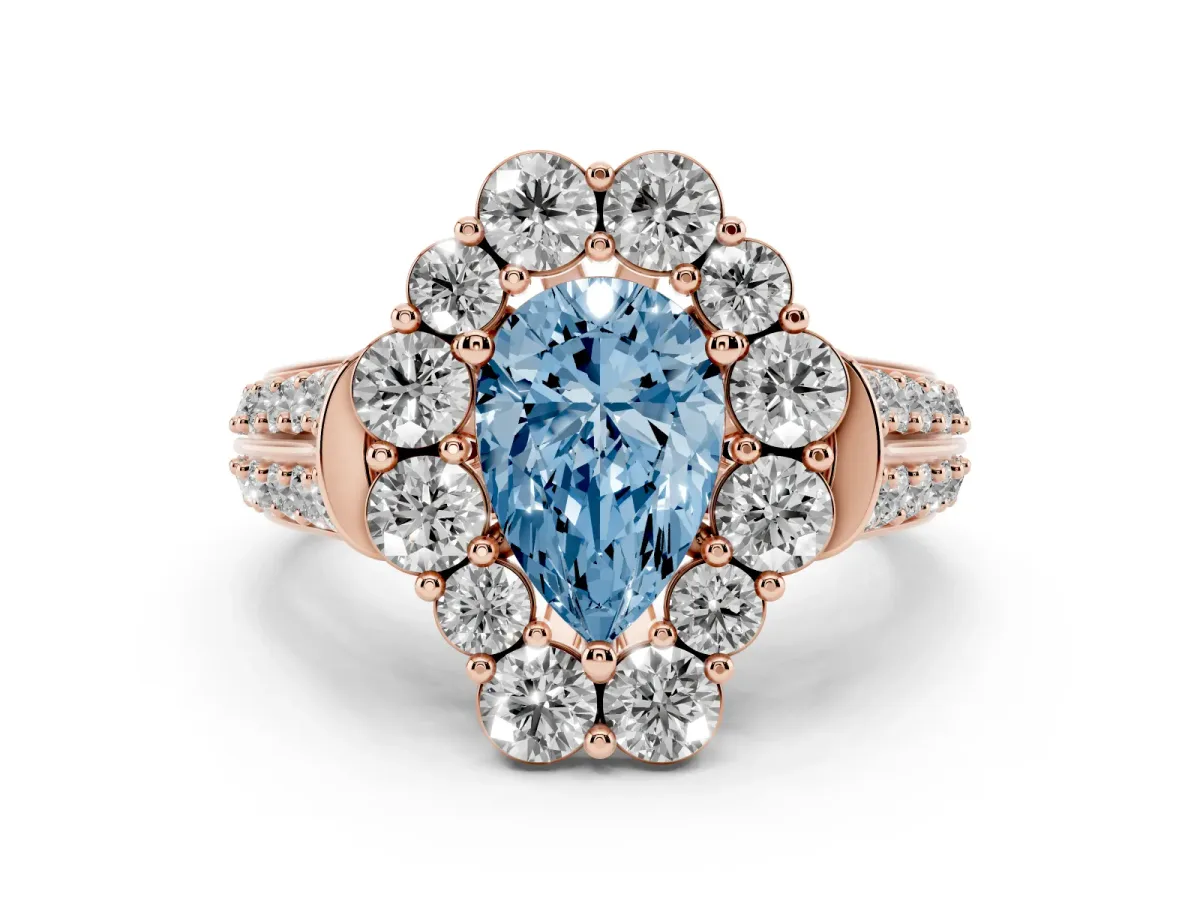Fancy Blue Pear Cut Halo Diamond Engagement Ring with Split Shank and Prong Setting Rose gold
