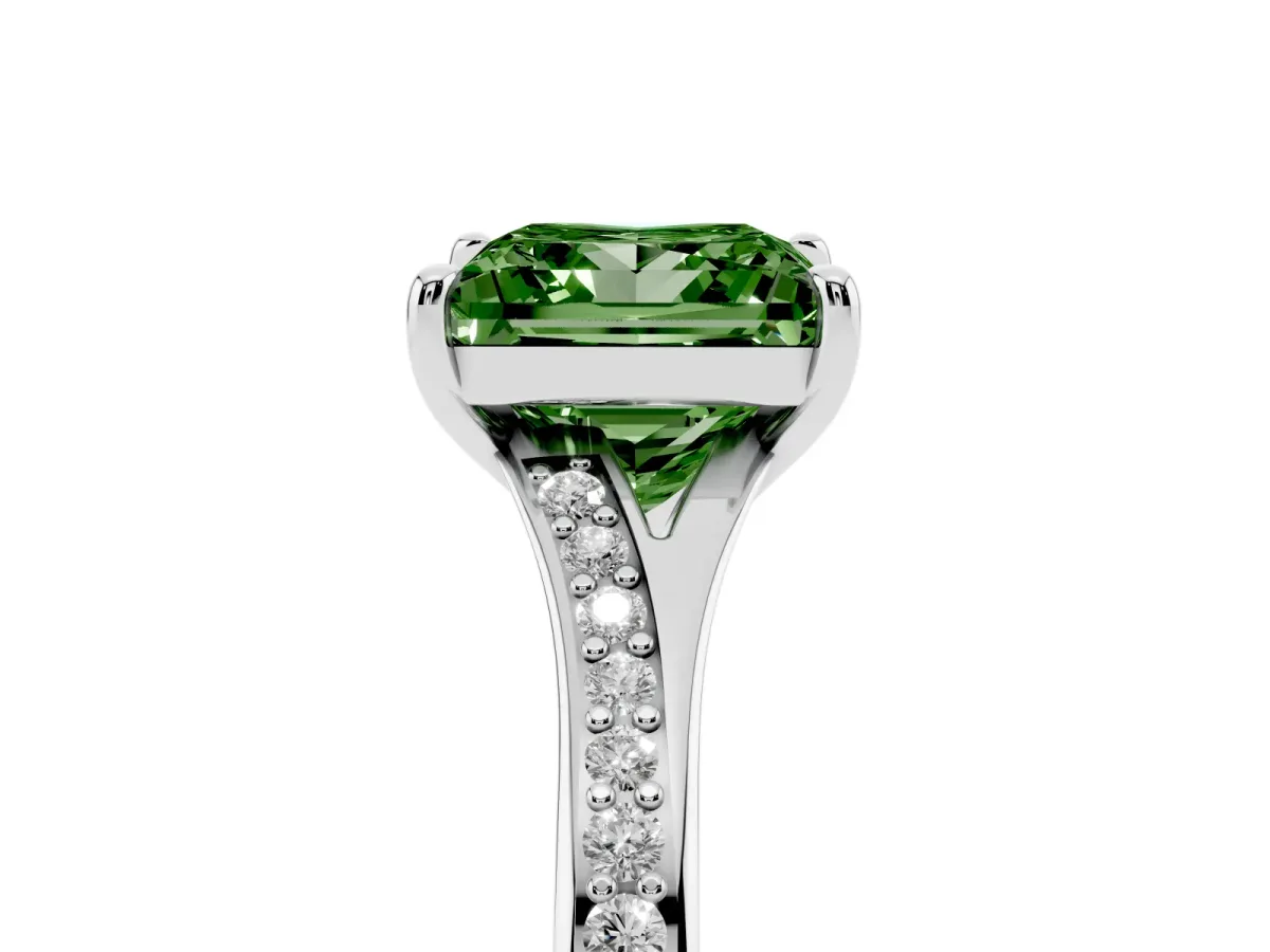 Fancy Green Princess Cut Diamond Solitaire Ring with Pavé Band and Prong Setting Silver