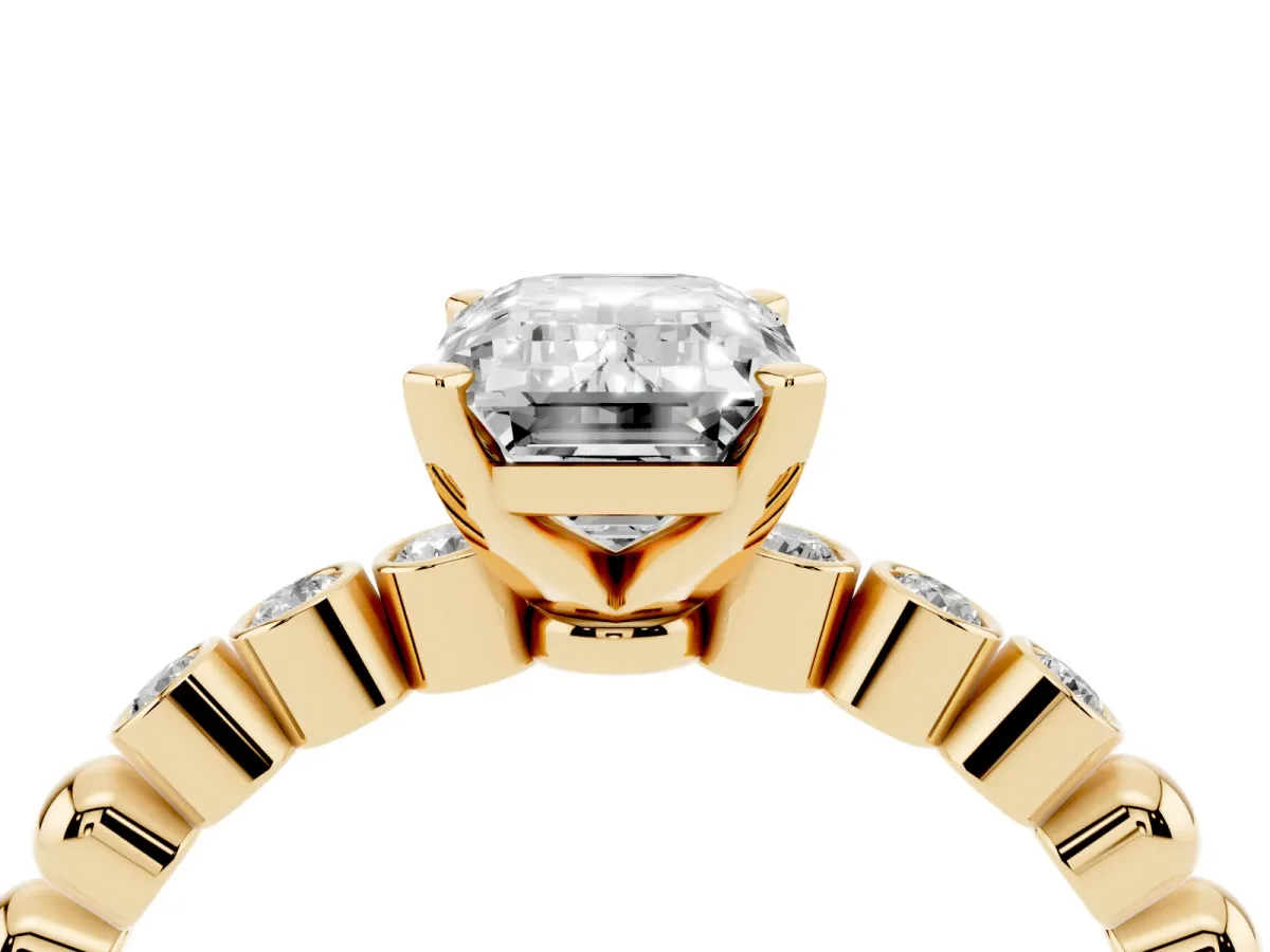 Emerald Cut Solitaire Bezel Accent Diamond Engagement Ring with Beaded Band and Four-Prong Setting Yellow gold