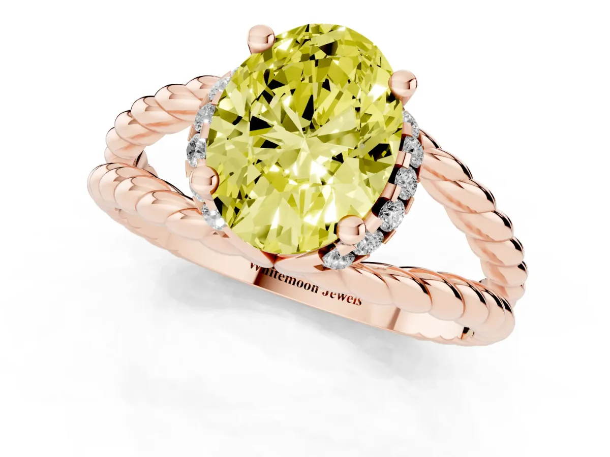 Fancy Yellow Oval Cut Halo Twisted Band Four-Prong Ring Rose gold