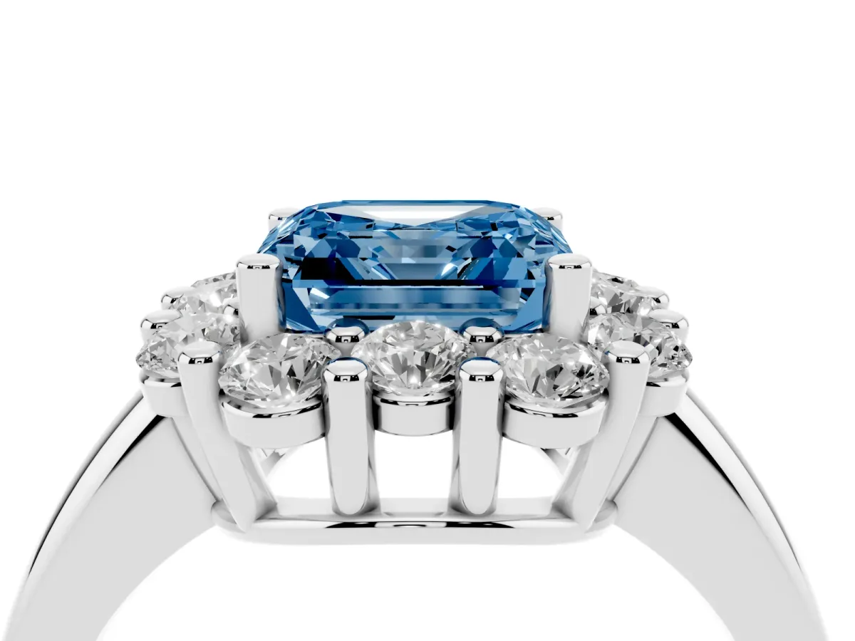Fancy Blue Asscher Cut Halo Cluster Diamond Engagement Ring with Prong Setting and Polished Band Silver