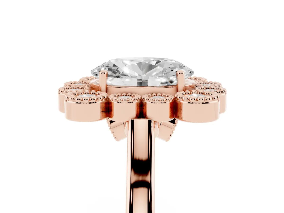 Oval Cut Halo Diamond Cluster Engagement Ring with Milgrain Bezel Setting and Solitaire Band Rose gold