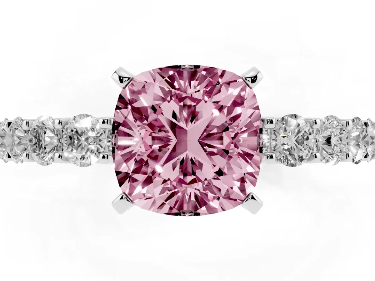 Fancy Pink Cushion Cut Diamond Solitaire Ring with Shared Prong Pavé Band and Four-Prong Setting Silver