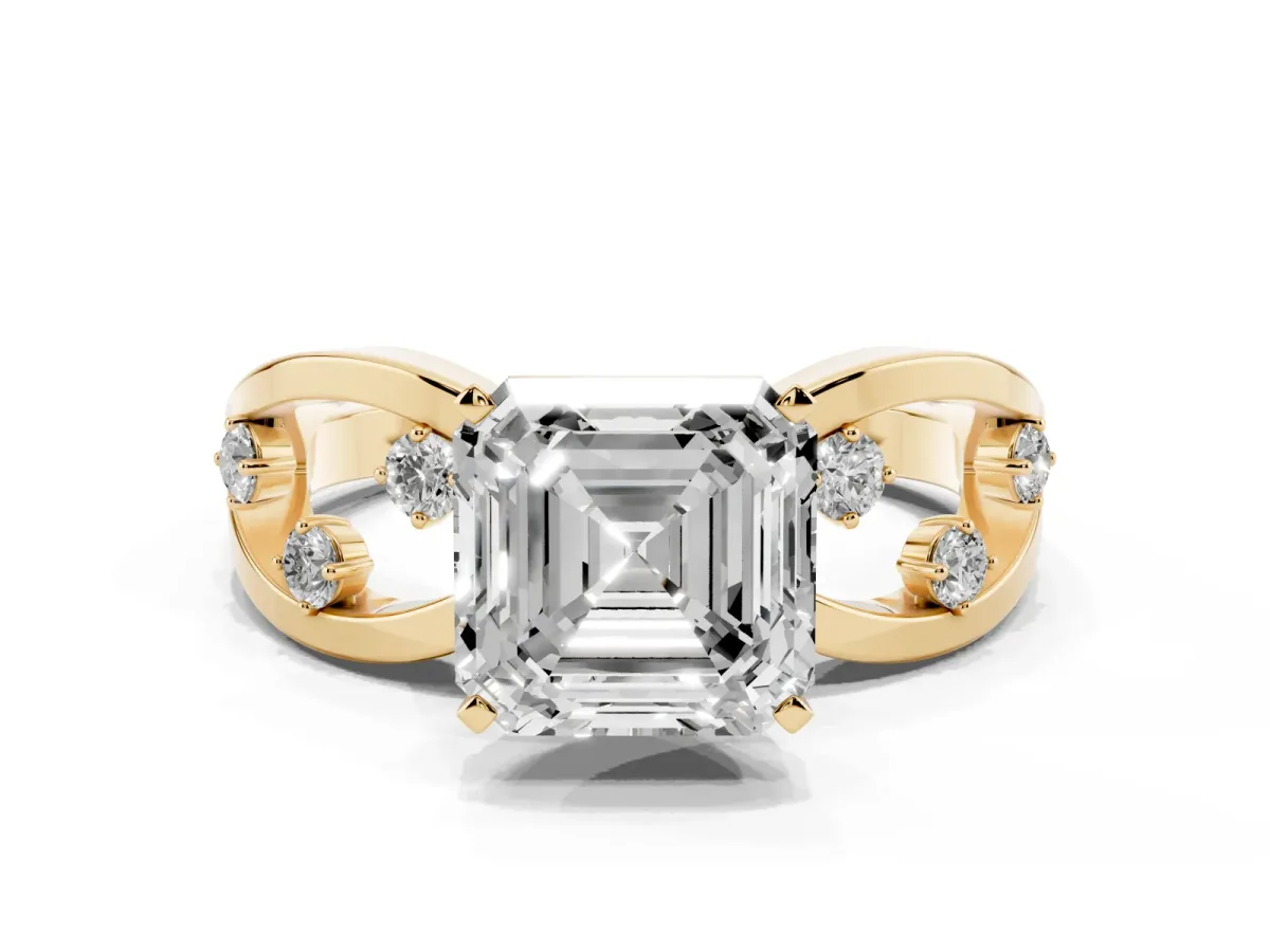 Asscher Cut Cut Solitaire Diamond with Side Stones on Criss-Cross Band and Four-Prong Setting Yellow gold