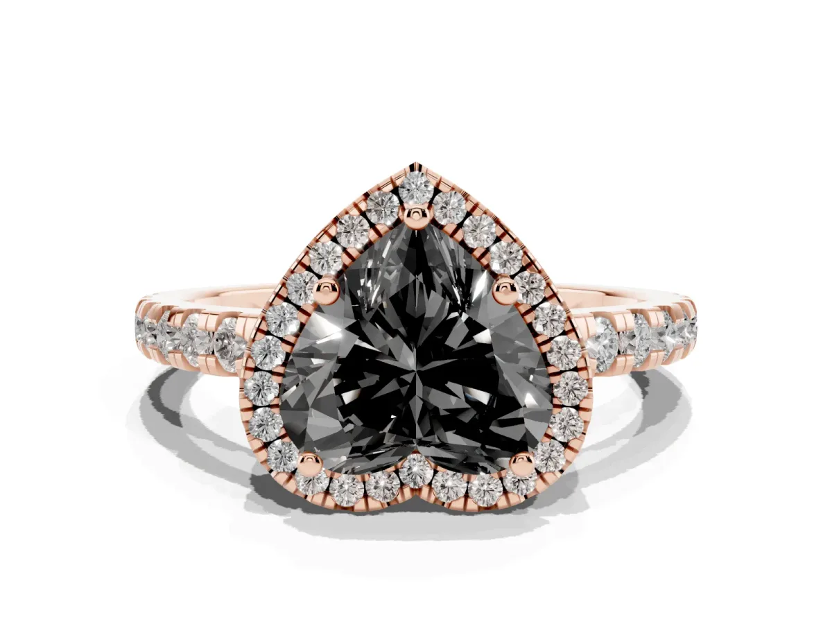 Fancy Black Heart Cut Diamond Halo Ring with Pavé Band and Four-Prong Setting Rose gold