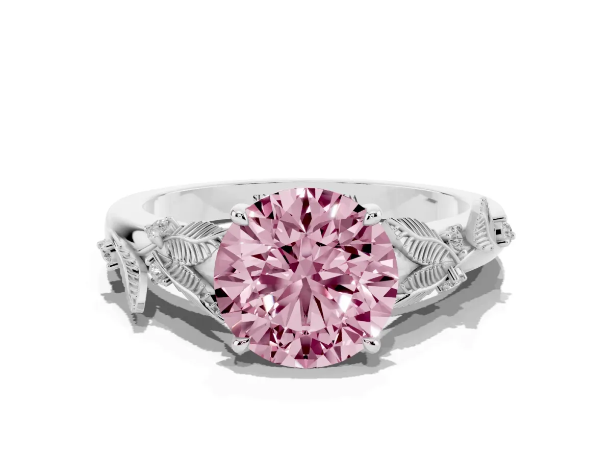Fancy Pink Round Cut Diamond Solitaire Ring with Leaf Motif Band and Four-Prong Setting Platinum