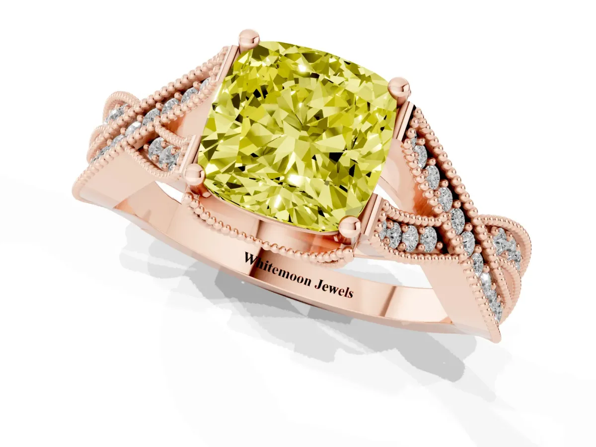 Fancy Yellow Cushion Cut Cut Diamond Twisted Band with Milgrain Pave Setting and Four-Prong Setting Rose gold