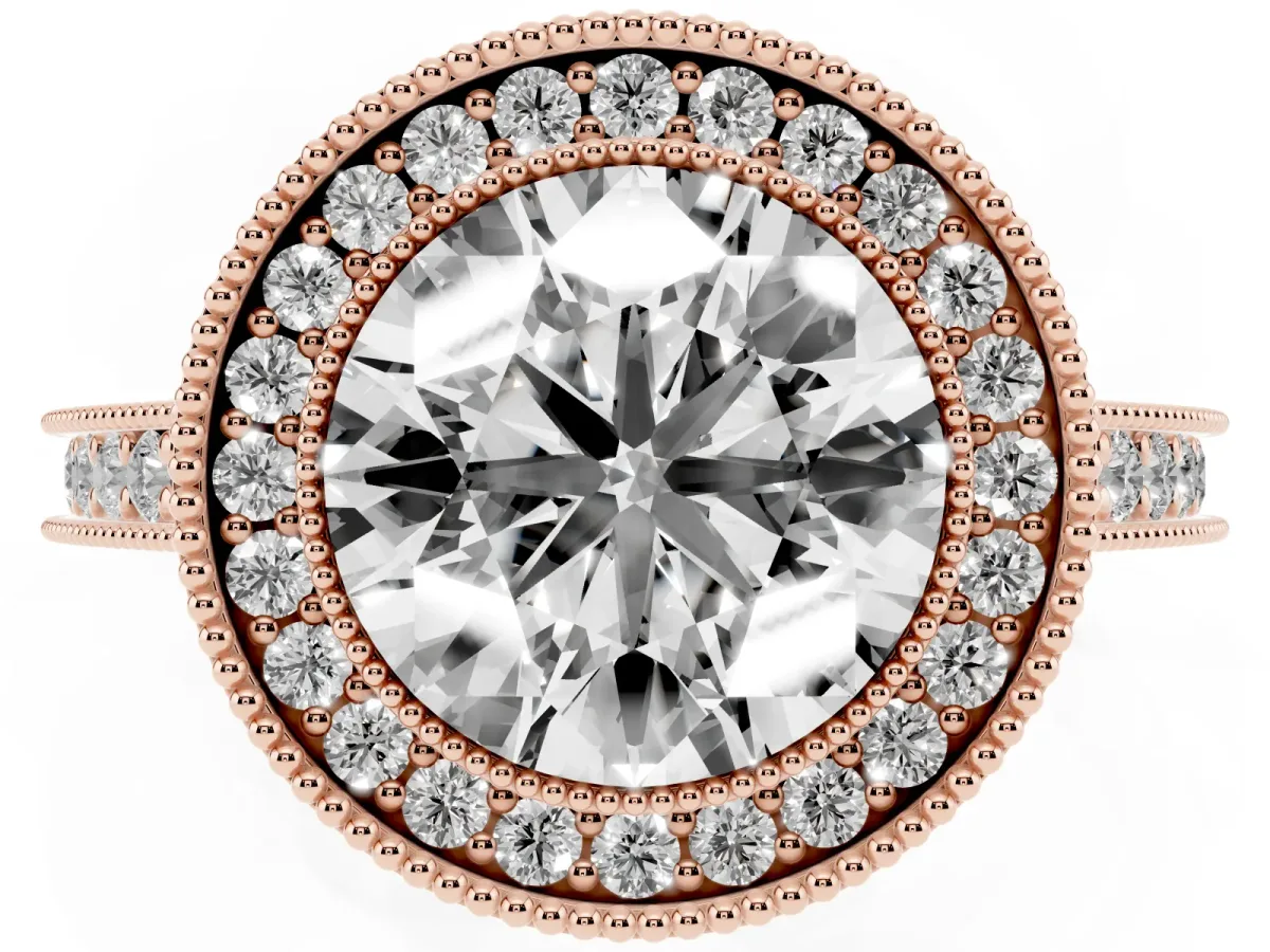 Halo Round Cut-Cut Diamond Pave Band Milgrain Prong Setting Ring Rose gold