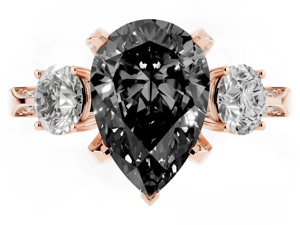 Fancy Black Pear Cut Brilliant Three-Stone Diamond Ring with Pavé Band and Four-Prong Setting Rose gold