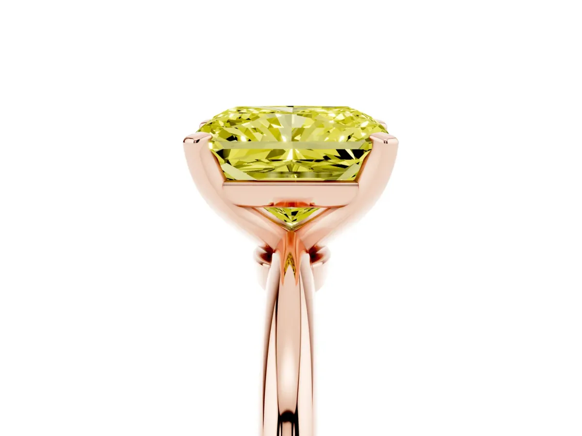 Fancy Yellow Radiant Cut Diamond Solitaire Ring with Prong Setting and Classic Band Rose gold