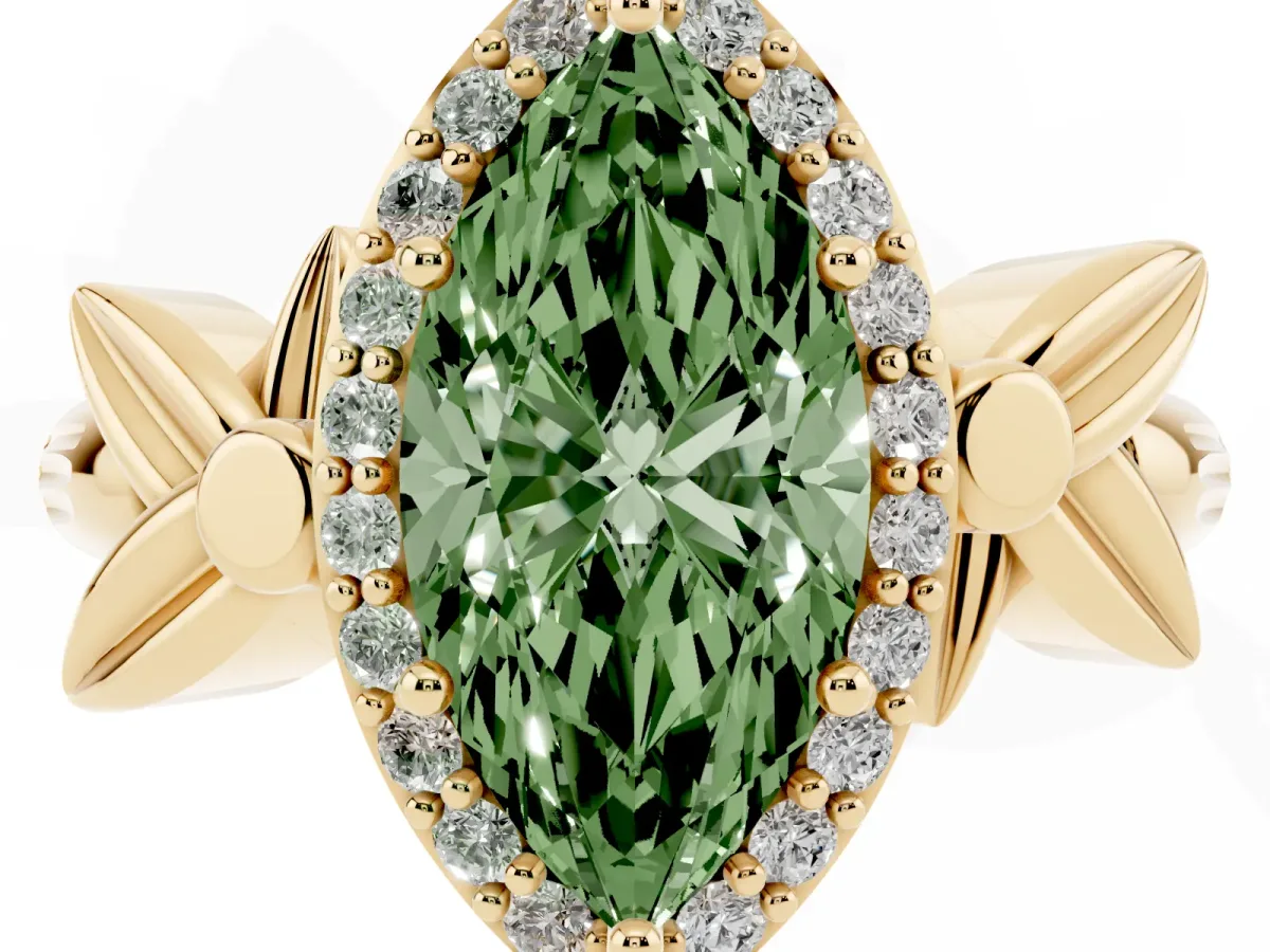 Fancy Green Marquise Cut Halo Diamond Floral Band with Four-Prong Setting Yellow gold