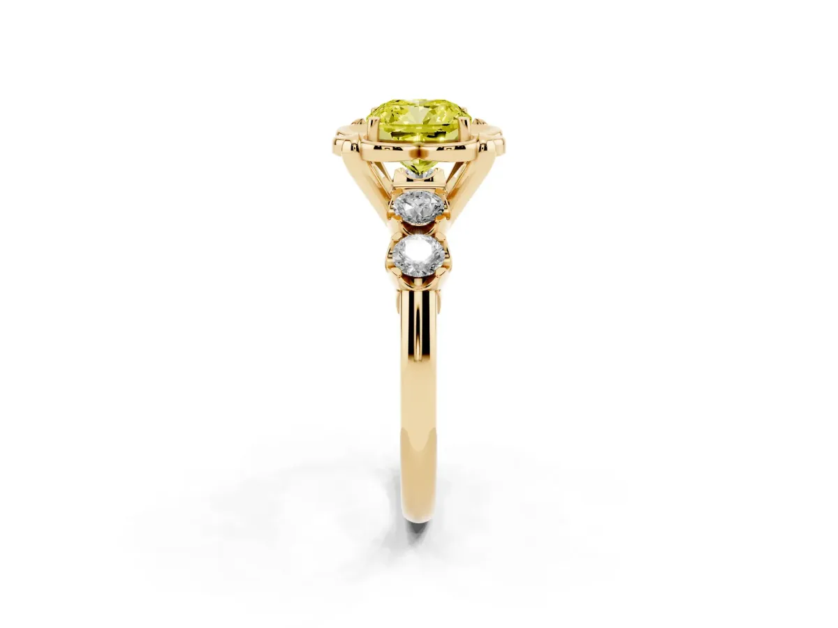 Fancy Yellow Cushion Cut Cut Diamond Floral Halo Engagement Ring with Shared Prong Setting Yellow gold
