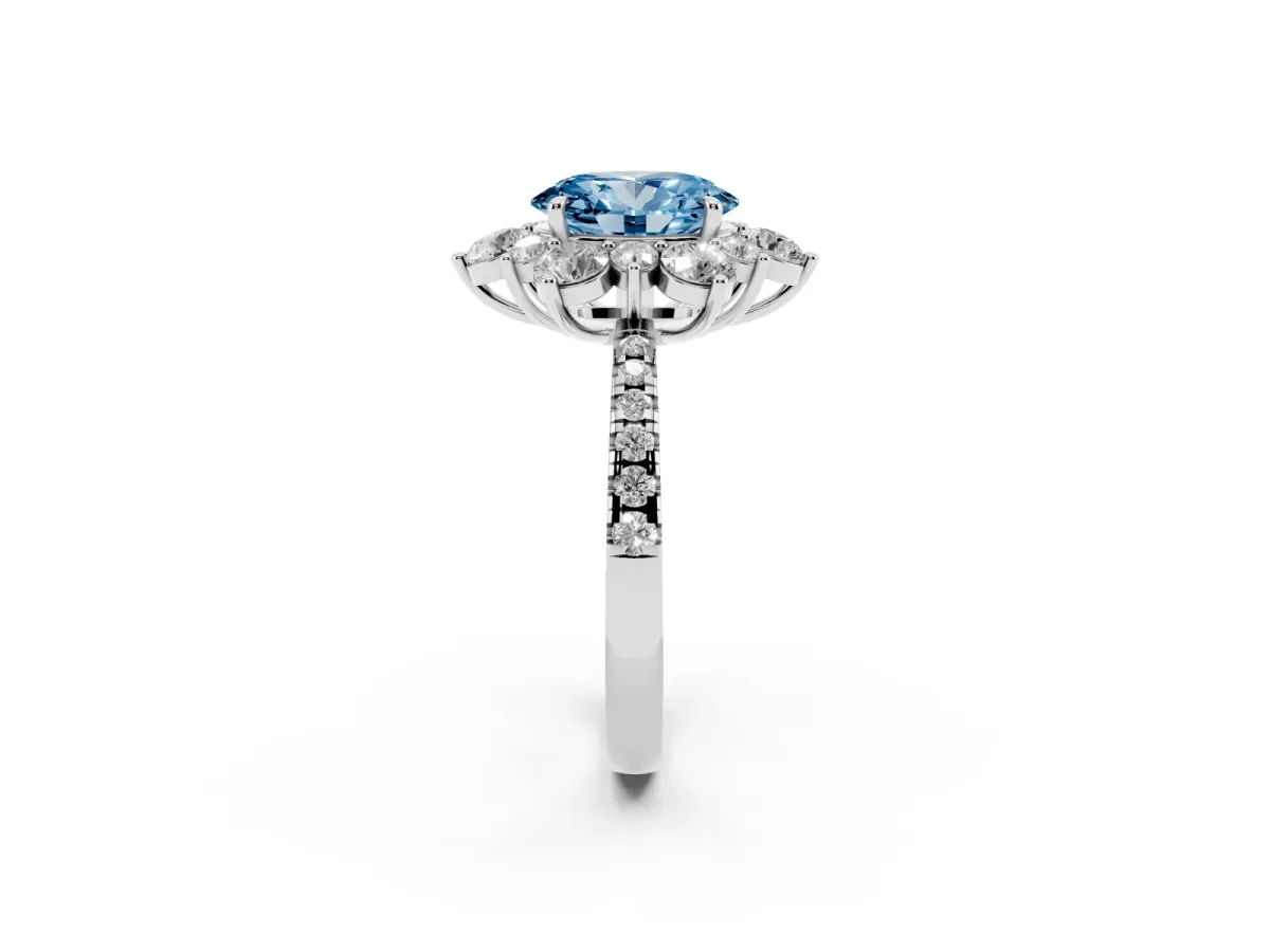 Fancy Blue Oval Cut Diamond Floral Halo Ring with Round Pavé Band and Prong Setting White gold