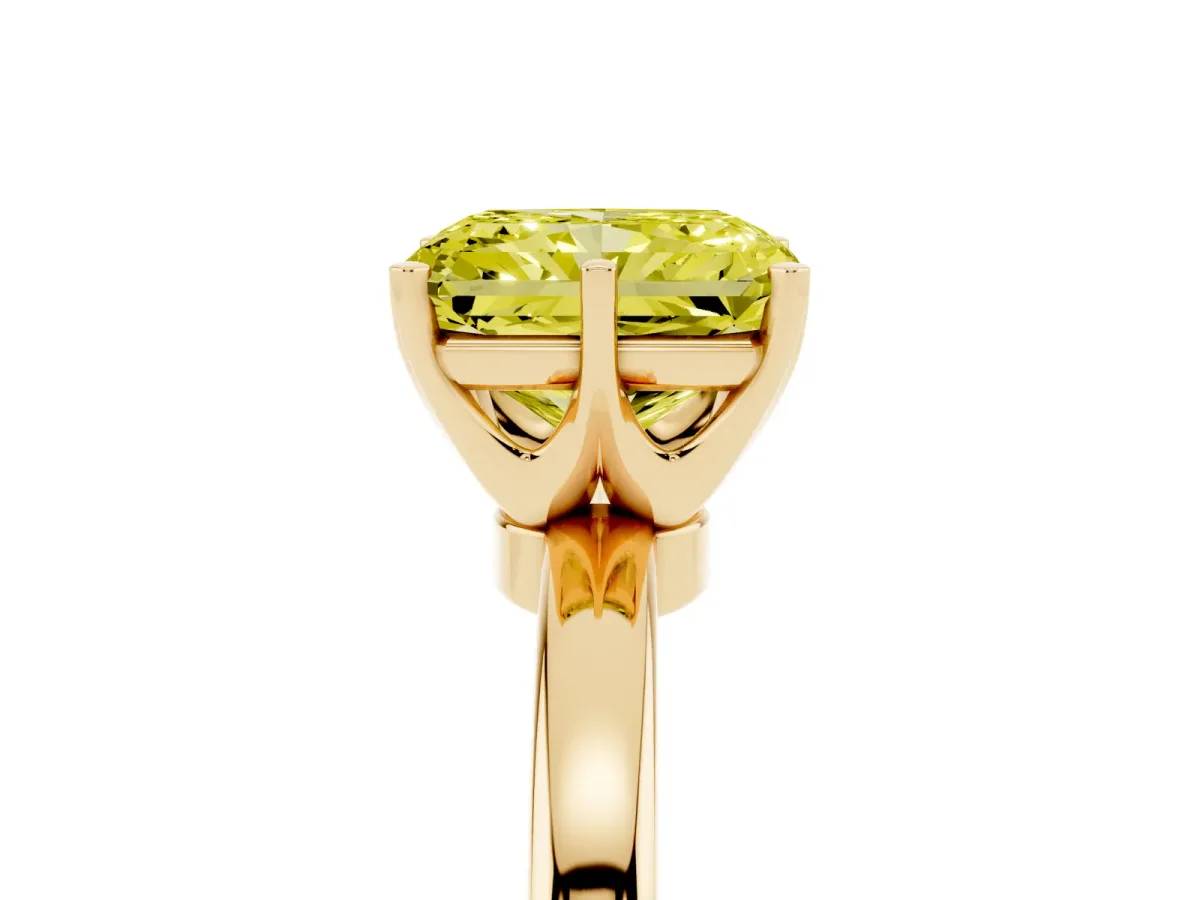 Fancy Yellow Radiant Cut Solitaire Diamond Ring with Six-Prong Setting on a Classic Band Yellow gold