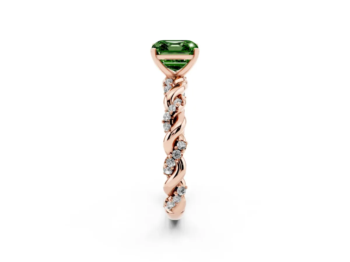 Fancy Green Asscher Cut Diamond Solitaire Ring with Twisted Band and Pavé Accents Rose gold