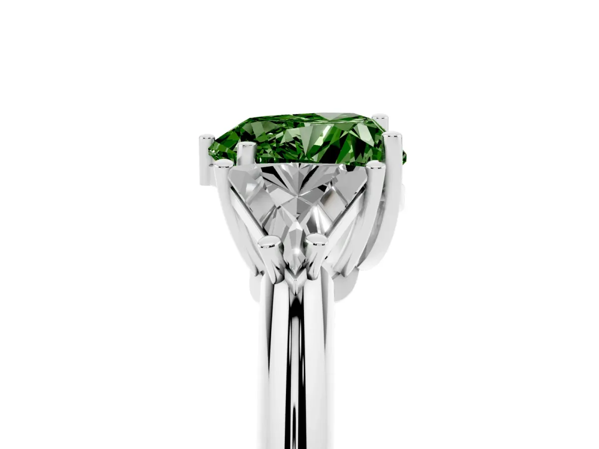 Fancy Green Three-Stone Heart Cut Diamond Engagement Ring with Trillion Side Stones and Prong Setting Silver