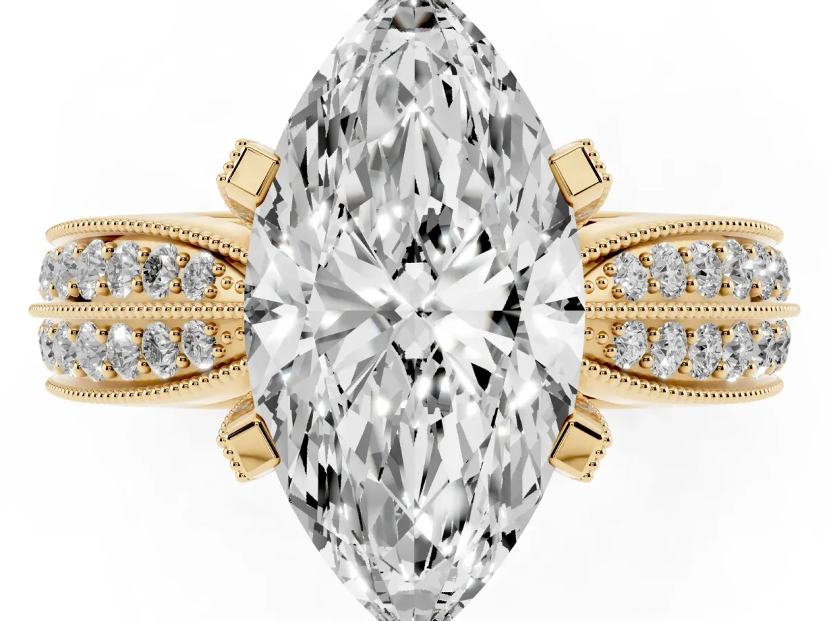 Marquise Cut Diamond Solitaire Ring with Milgrain Round Pavé Band and Prong Setting Yellow gold