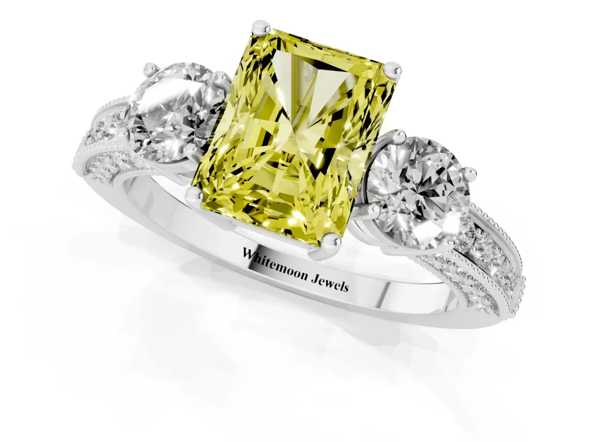Fancy Yellow Radiant Cut Three-Stone Diamond Ring with Pavé Band and Four-Prong Setting Silver