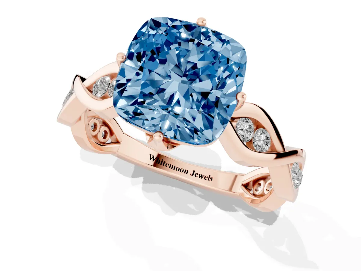 Fancy Blue Cushion Cut Solitaire Twist Band with Leaf Prong Setting Rose gold