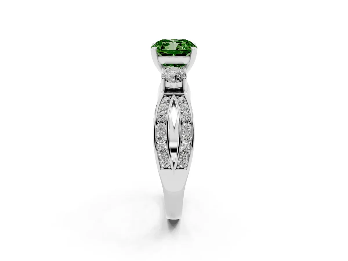 Fancy Green Three-Stone Cushion Cut Cut Diamond Twist Band with Prong Setting Platinum