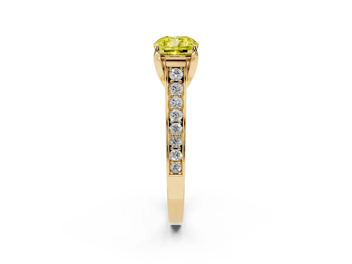 Fancy Yellow Cushion Cut Brilliant Cut Diamond Engagement Ring with Pavé Band and Four-Prong Setting Yellow gold