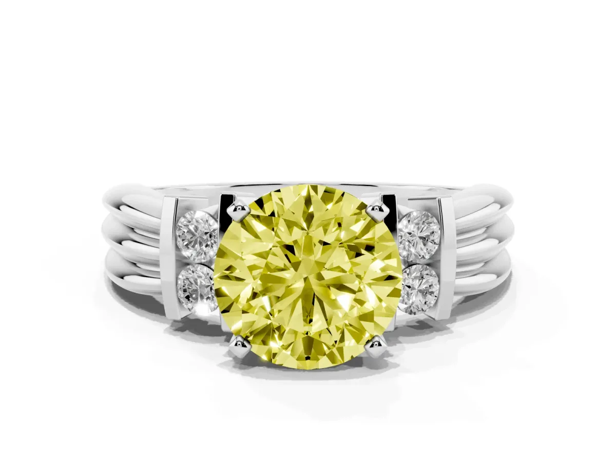 Fancy Yellow Round Cut Cut Three-Stone Channel Set Ring with Bar Prongs Silver