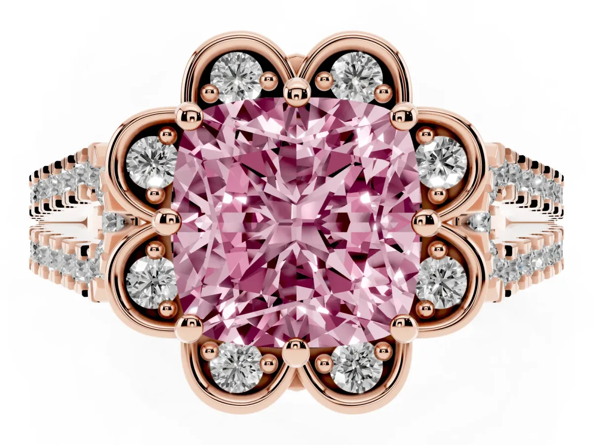 Fancy Pink Cushion Cut Halo Diamond Floral Split Shank Engagement Ring Rose gold