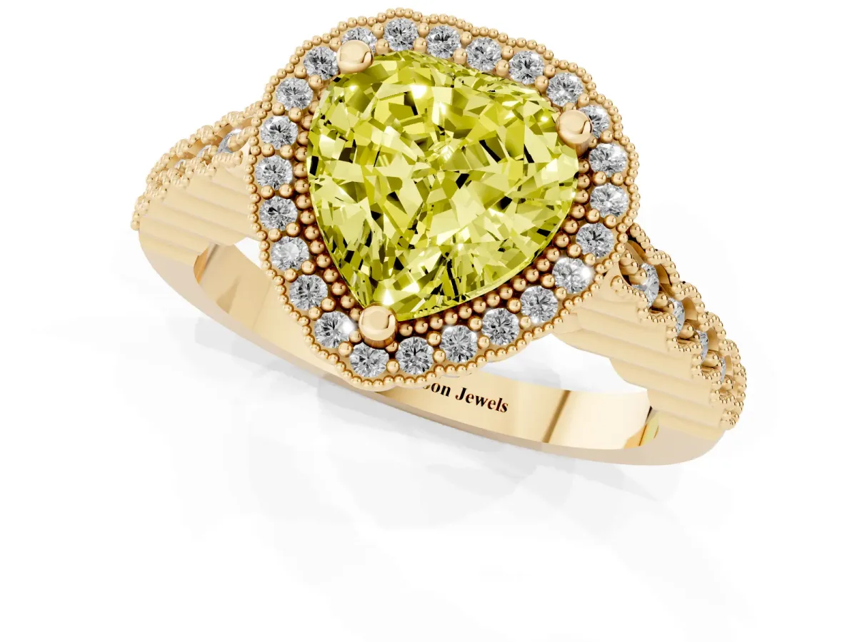 Fancy Yellow Heart Cut Cut Halo Pavé Solitaire Ring with Milgrain Band Yellow gold