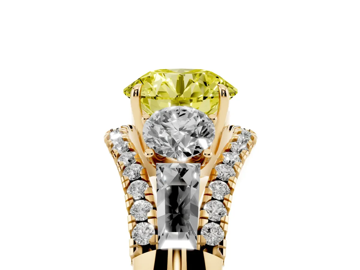 Fancy Yellow Three-Stone Round Cut Diamond Engagement Ring with Pave Band and Prong Setting Yellow gold