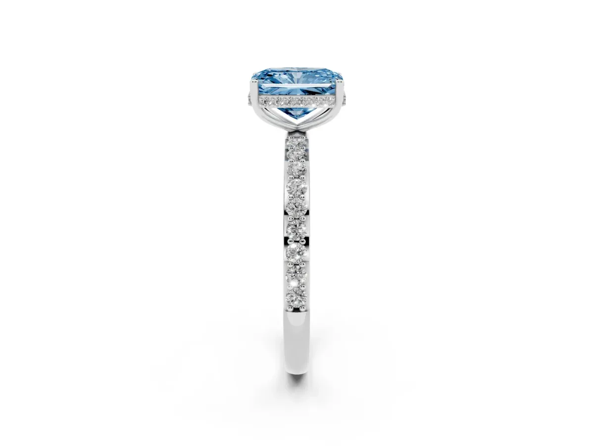 Fancy Blue Radiant Cut Diamond Solitaire Ring with Pavé Band and Hidden Halo Silver