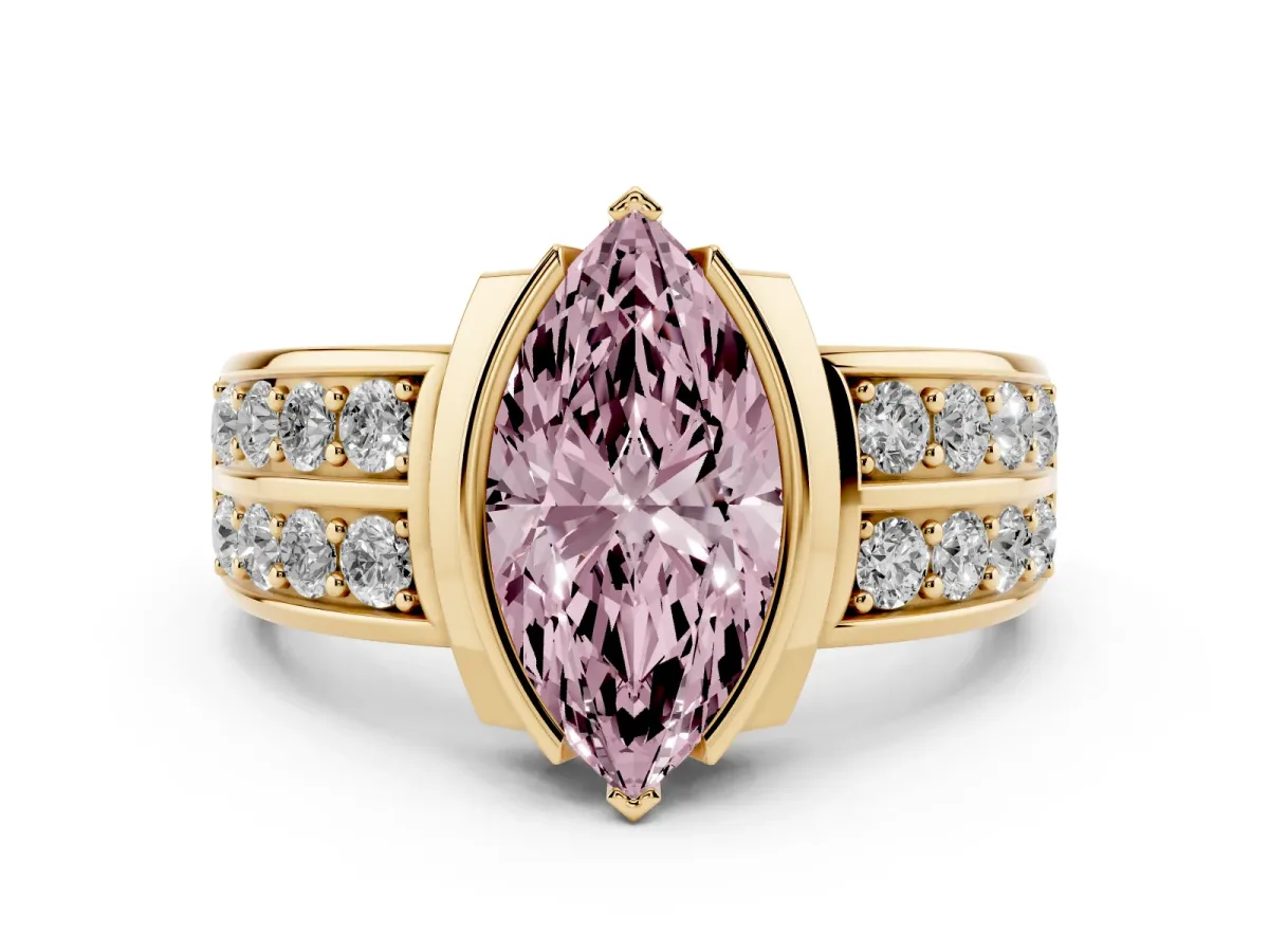Fancy Pink Marquise Cut Brilliant Diamond Channel Set Wide Band Ring with Bezel Setting Yellow gold