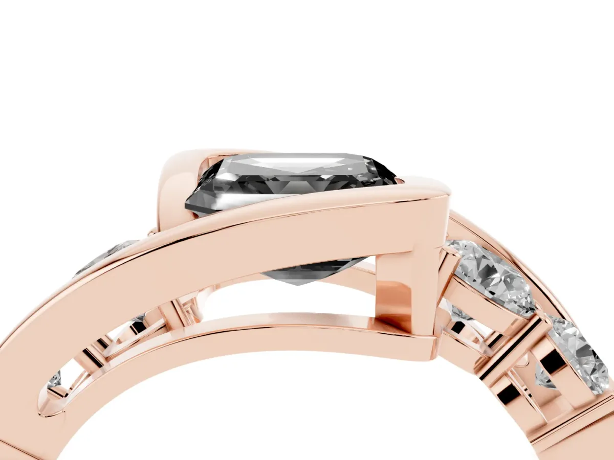 Fancy Black Bezel Set Asscher Cut Diamond Bypass Ring with Round Accents Rose gold