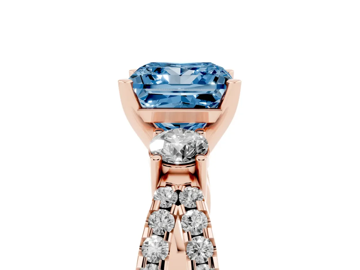 Fancy Blue Princess Cut Diamond Three-Stone Ring with Pavé Split Shank and Four-Prong Setting Rose gold