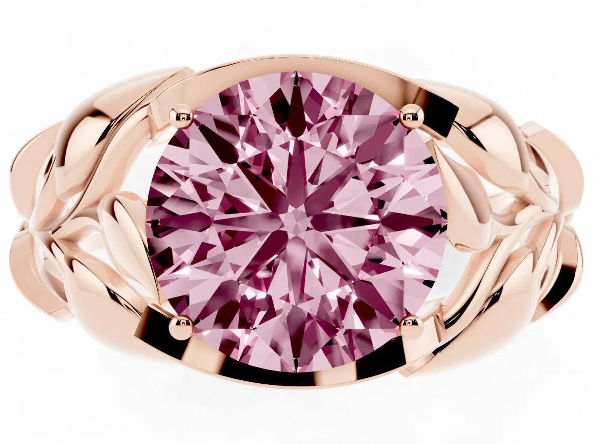 Fancy Pink Round Cut Diamond Leaf-Inspired Engagement Ring with Round Accents and Prong Setting Rose gold