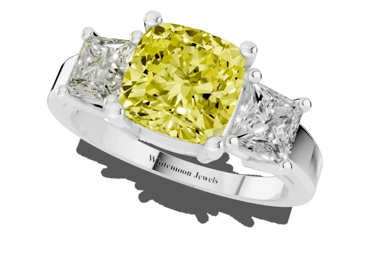 Fancy Yellow Three-Stone Cushion Cut Cut Solitaire Ring with Prong Setting Platinum