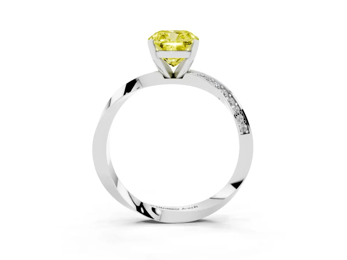 Fancy Yellow Cushion Cut Diamond Engagement Ring with Side Stone Accents and Four-Prong Setting Platinum