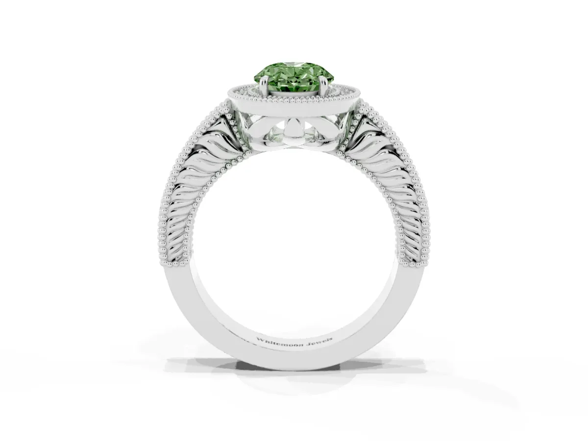 Fancy Green Oval Cut Cut Halo Diamond Ring with Pavé Band and Four-Prong Setting Silver