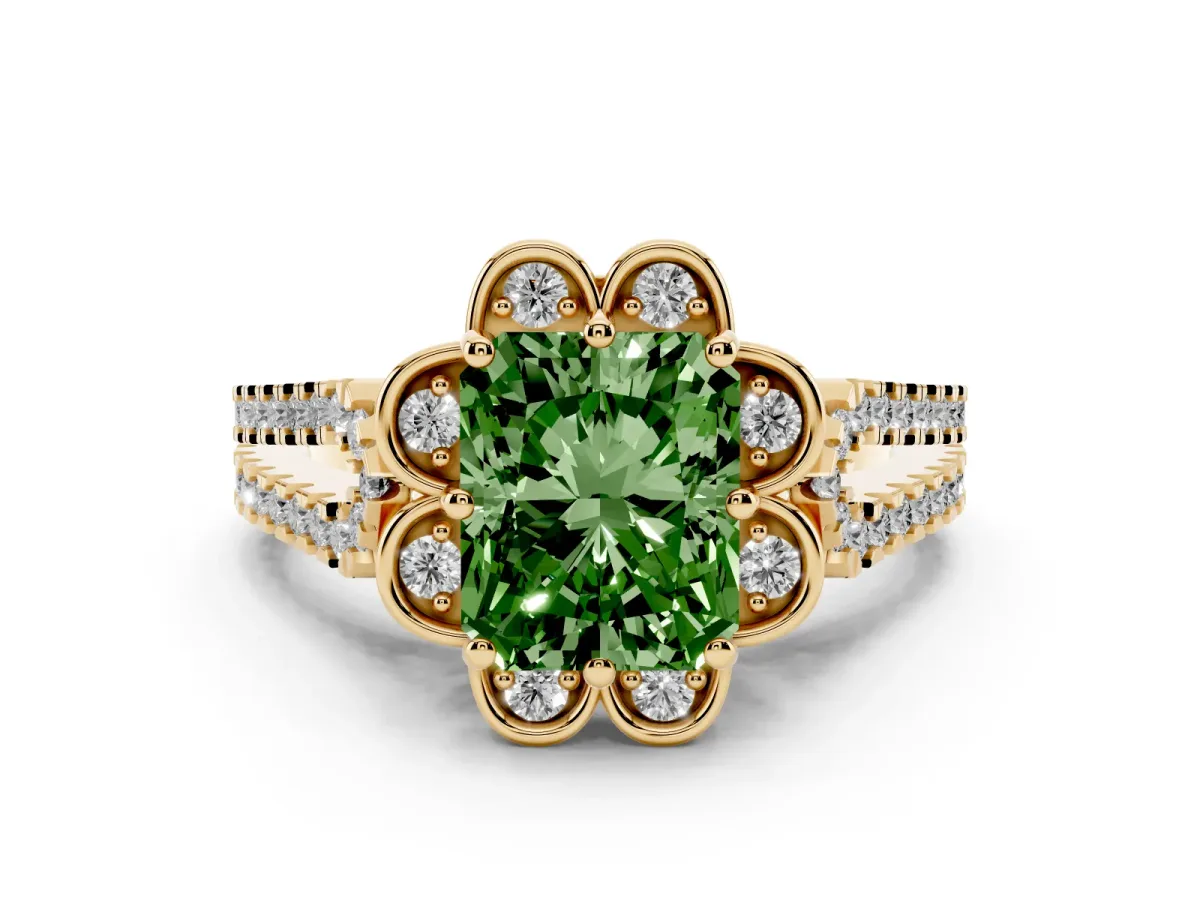 Fancy Green Radiant Cut Halo Diamond Floral Split Shank Engagement Ring Yellow gold