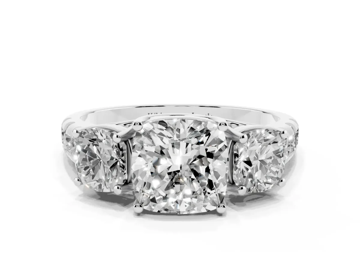 Three-Stone Cushion Cut Diamond Pavé Band with Prong Setting Platinum