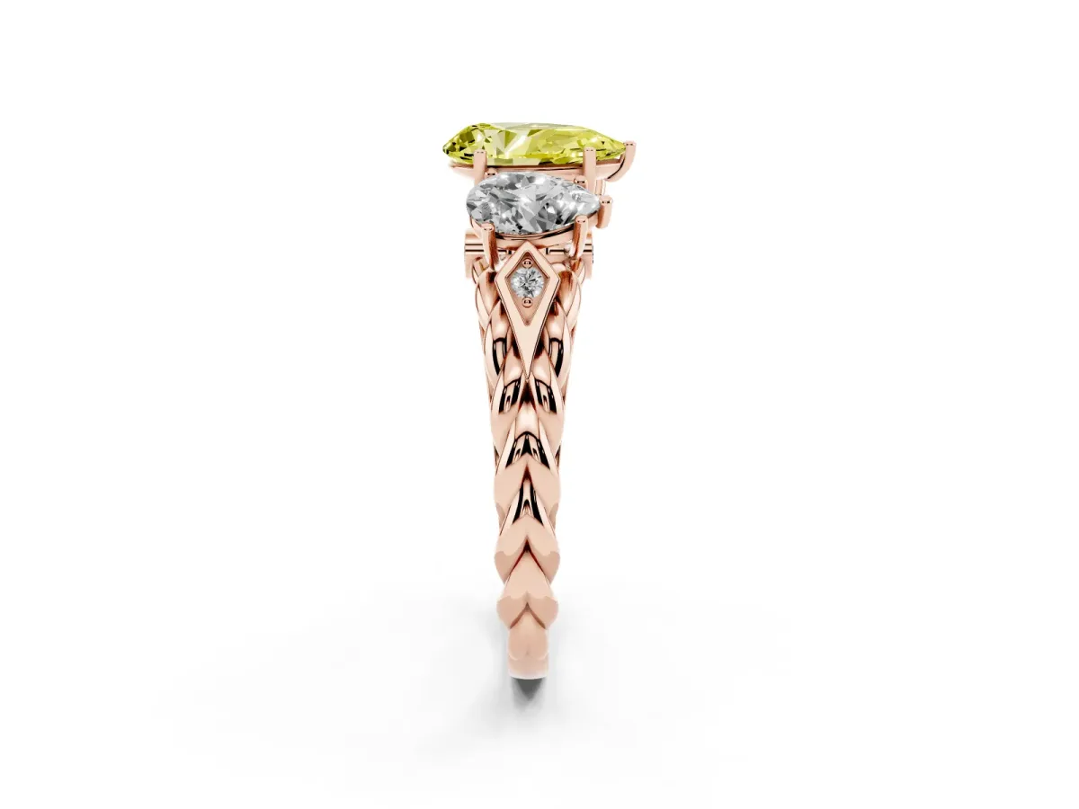 Fancy Yellow Three-Stone Pear Cut Diamond Braided Band Ring with Four-Prong Setting Rose gold