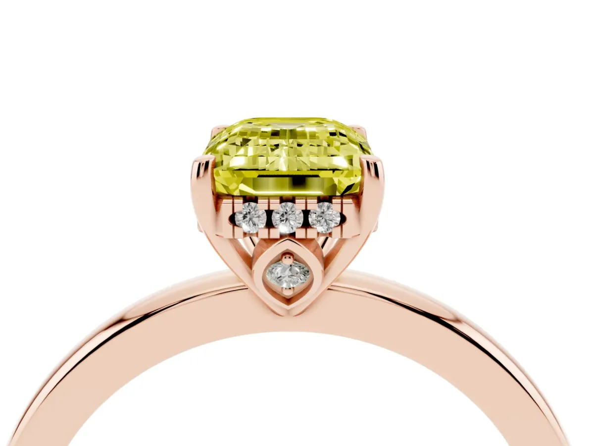 Fancy Yellow Emerald Cut Solitaire Diamond Ring with Prong Setting and Plain Band Rose gold