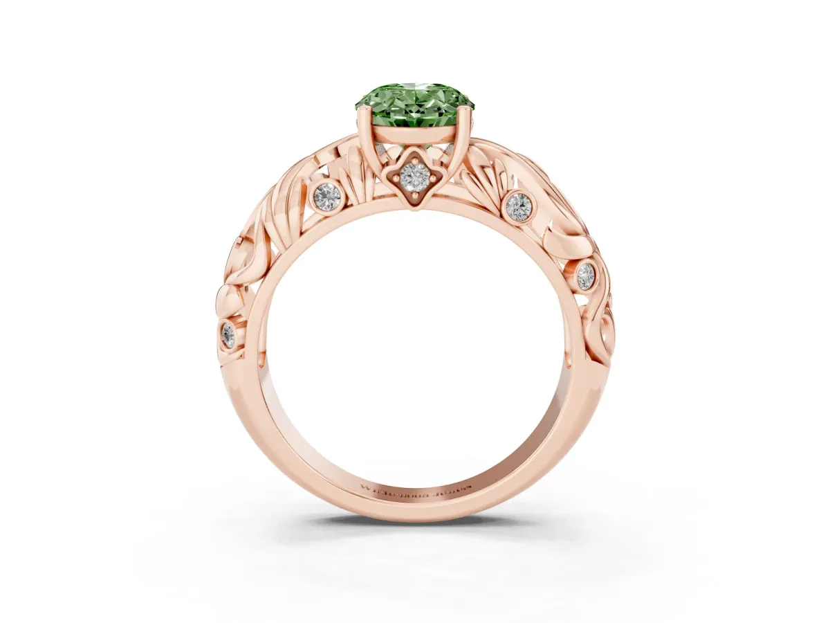 Fancy Green Oval Cut Solitaire Diamond Leaf-Inspired Vine Band Ring with Prong Setting Rose gold
