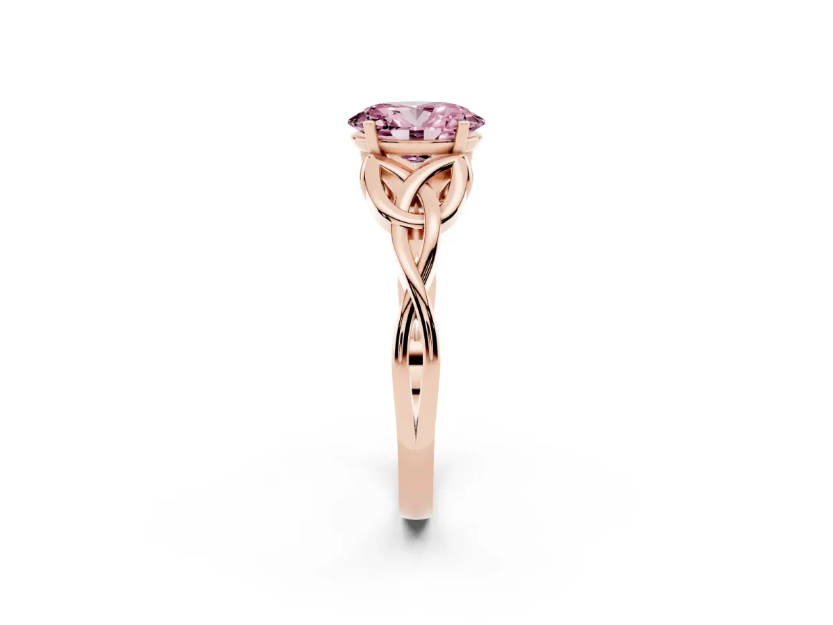 Fancy Pink Oval Cut Diamond Solitaire Engagement Ring with Celtic Knot Band and Four-Prong Setting Rose gold