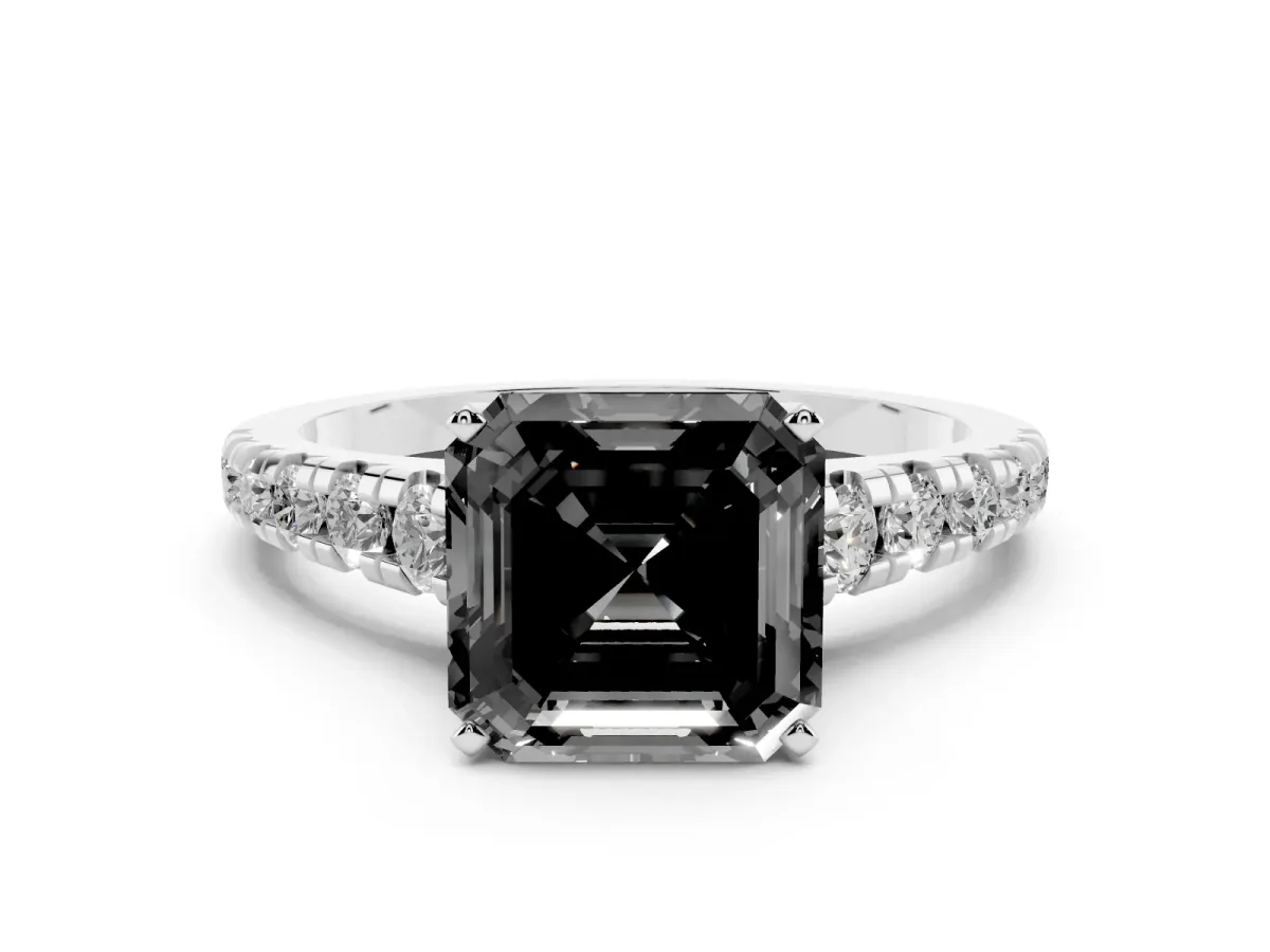 Fancy Black Asscher Cut Diamond Cathedral Solitaire Ring with Round Pavé Band Silver