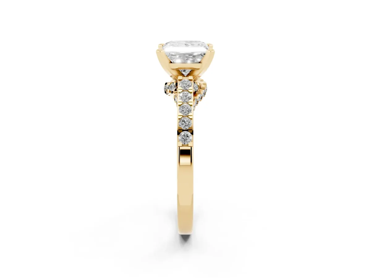 Princess Cut Diamond Solitaire Ring with Crossover Gallery and Round Pavé Band Yellow gold