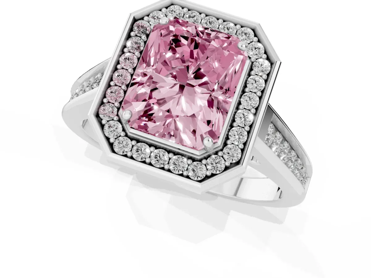 Fancy Pink Radiant Cut Halo Solitaire Diamond Ring with Pave Band and Bezel Setting White gold