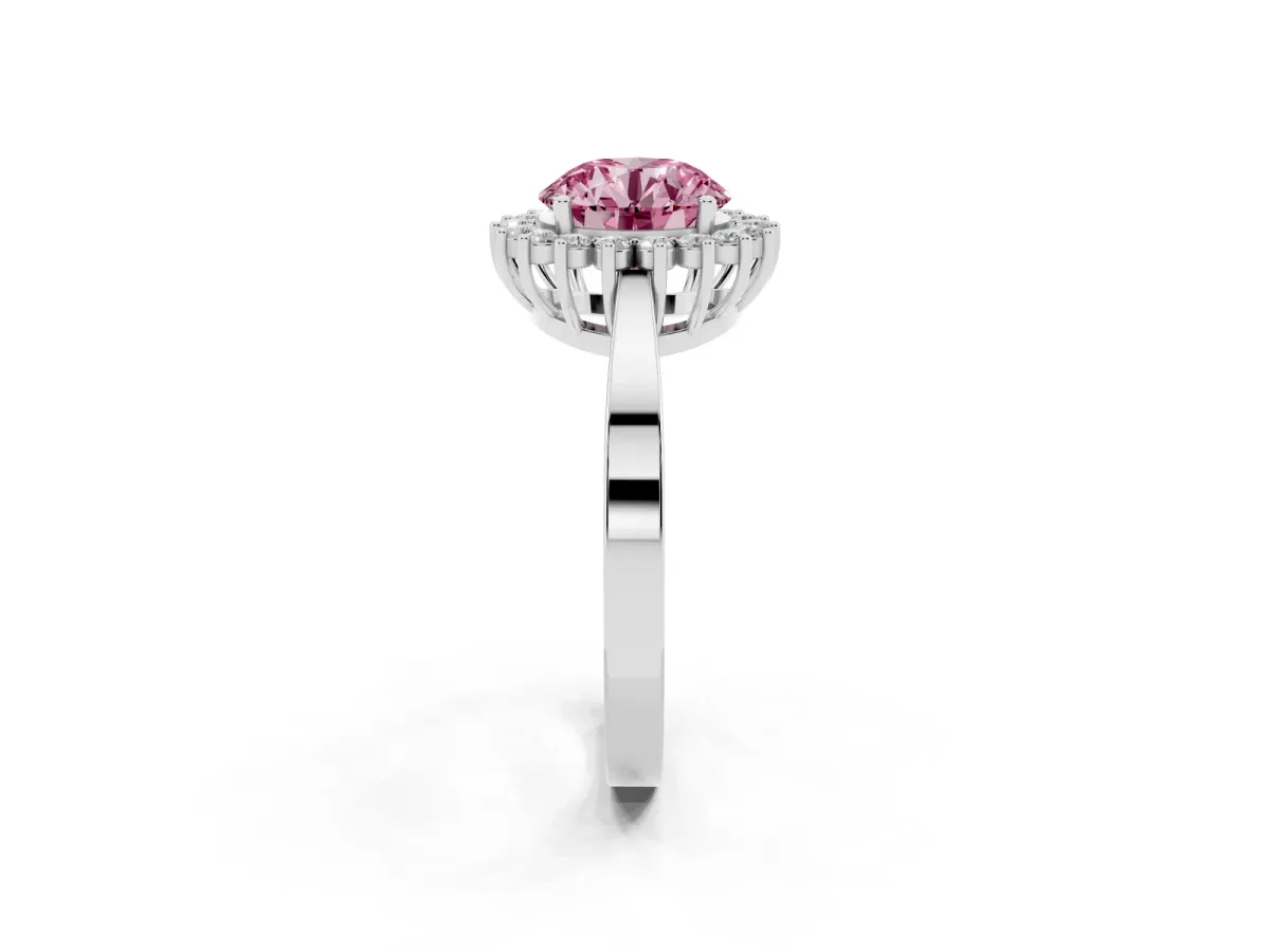 Fancy Pink Round Cut Cut Diamond Halo Ring with Round Brilliant Halo and Solitaire Band Platinum