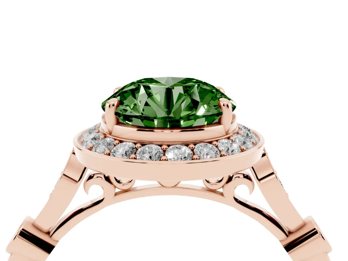 Fancy Green Round Cut Halo Diamond Engagement Ring with Twisted Band and Four-Prong Setting Rose gold