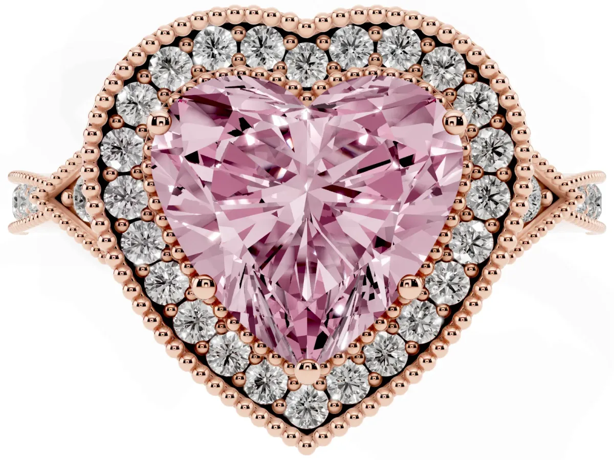 Fancy Pink Heart Cut Halo Round Diamond Milgrain Pave Engagement Ring Rose gold